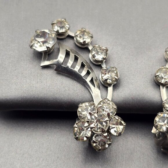 VTG Clip-On Rhinestone Spray Climber Clip-On Earrings 1.25" Silver Tone Cutout - Picture 3 of 7